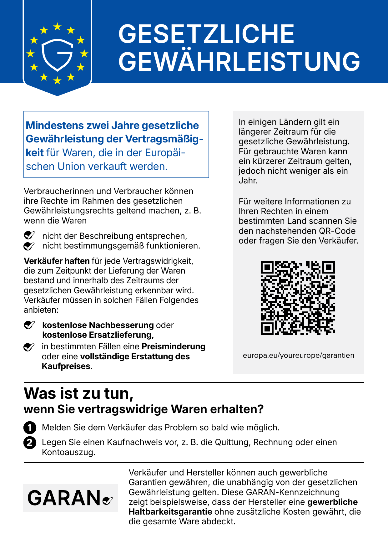 Originales EU-Informationsblatt zur gesetzlichen Gewährleistung